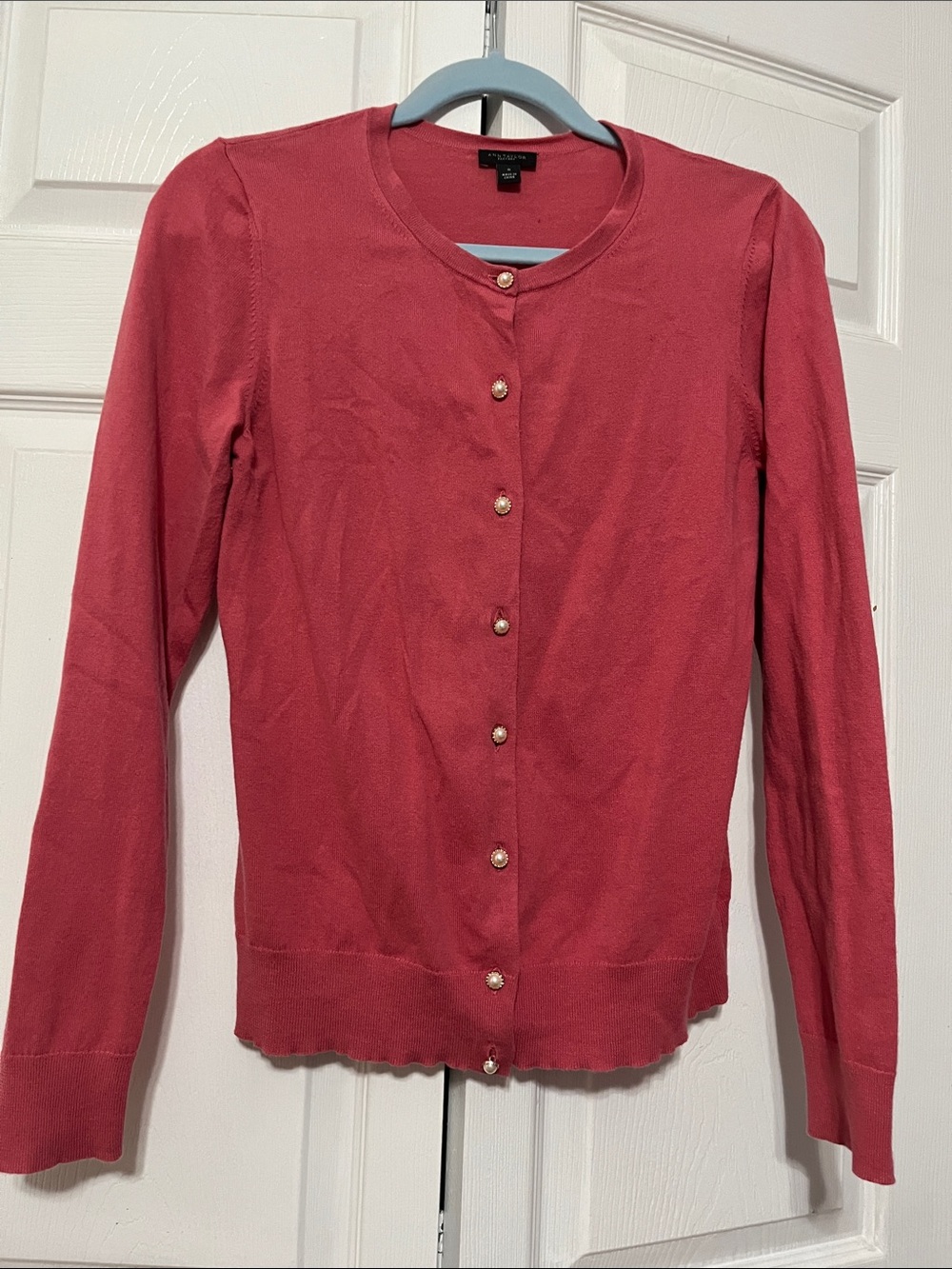 Ann Taylor Rose-Pink Pearl Button Cardigan